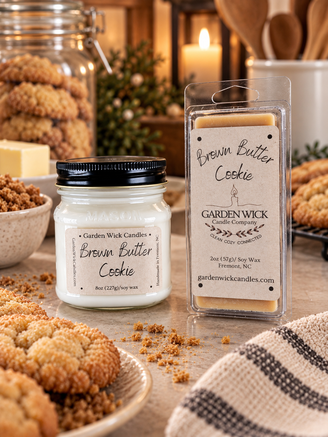 Brown Butter Cookie soy candle and wax melt bar from the Garden Wick Hearthside Collection, featuring a warm buttery gourmand fragrance.