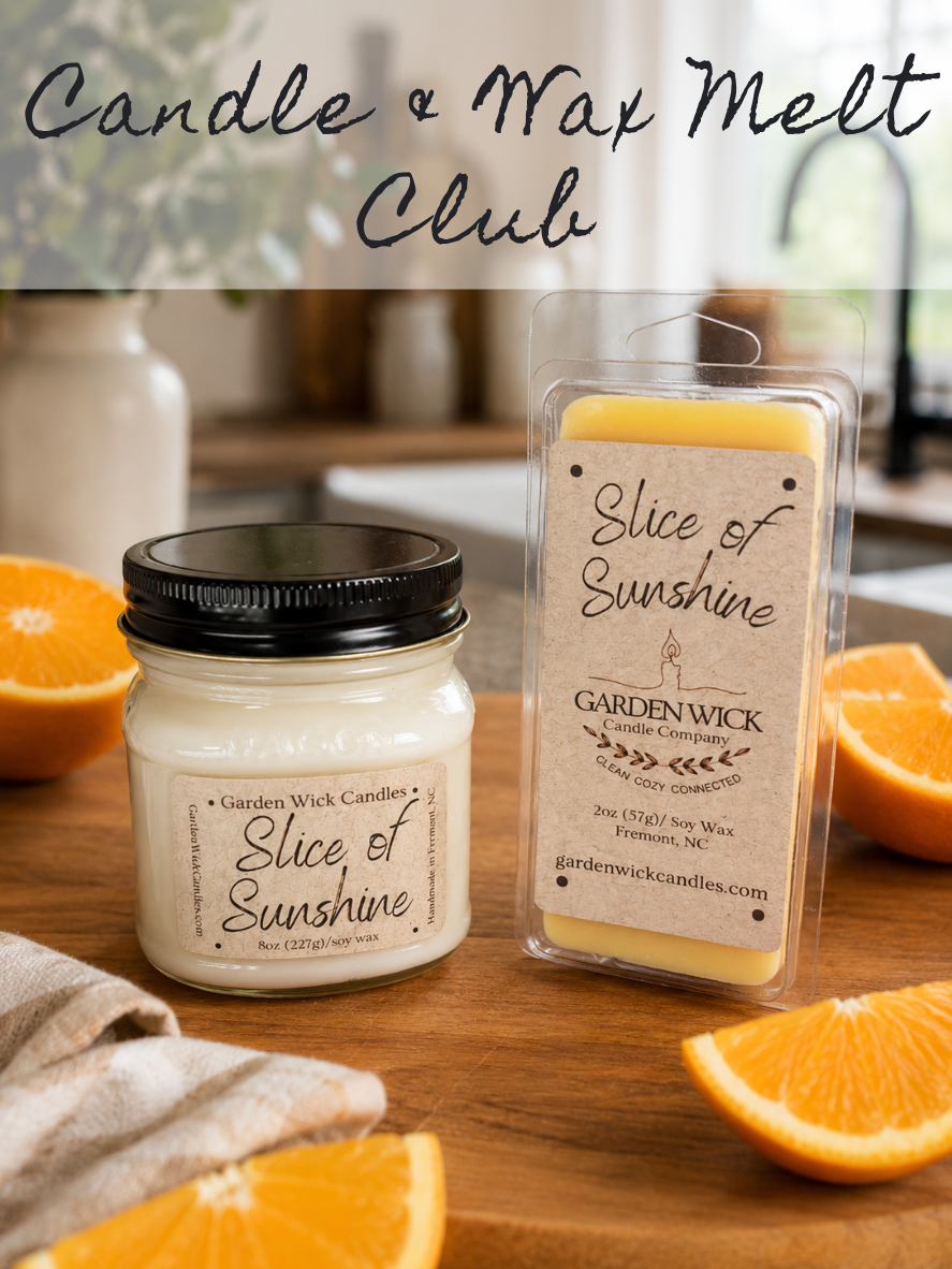 Garden Wick Candle and Wax Melt of the Month subscription box with seasonal 8oz hand-poured candle and 2oz snap bar wax melt delivered monthly candle club