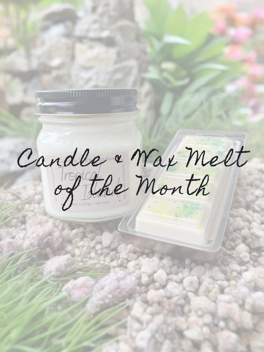 Garden Wick Candle and Wax Melt of the Month subscription box with seasonal 8oz hand-poured candle and 2oz snap bar wax melt delivered monthly. candle club