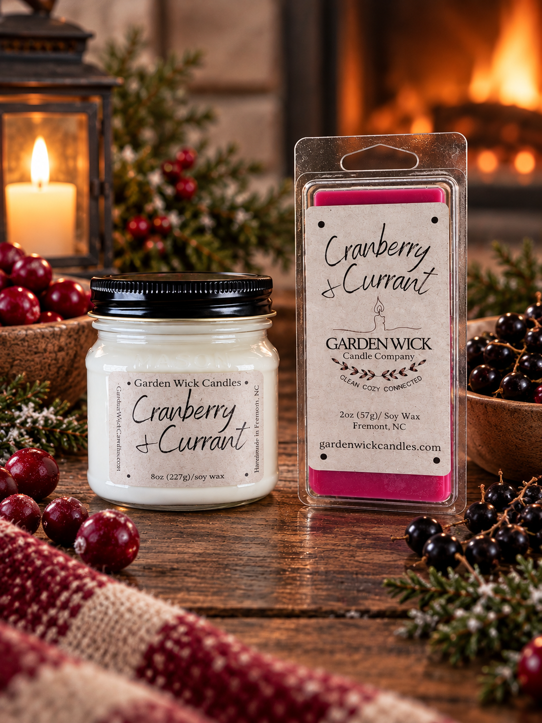 Cranberry and Currant soy candle and wax melt bar by Garden Wick Candle Company for cozy seasonal home fragrance.