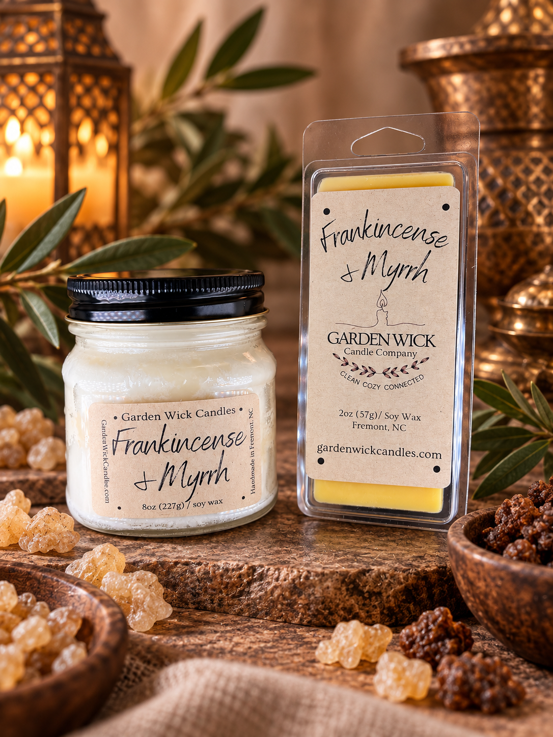 Frankincense and Myrrh soy candle and wax melt bar by Garden Wick Candle Company, a warm holiday fragrance for the Christmas season.