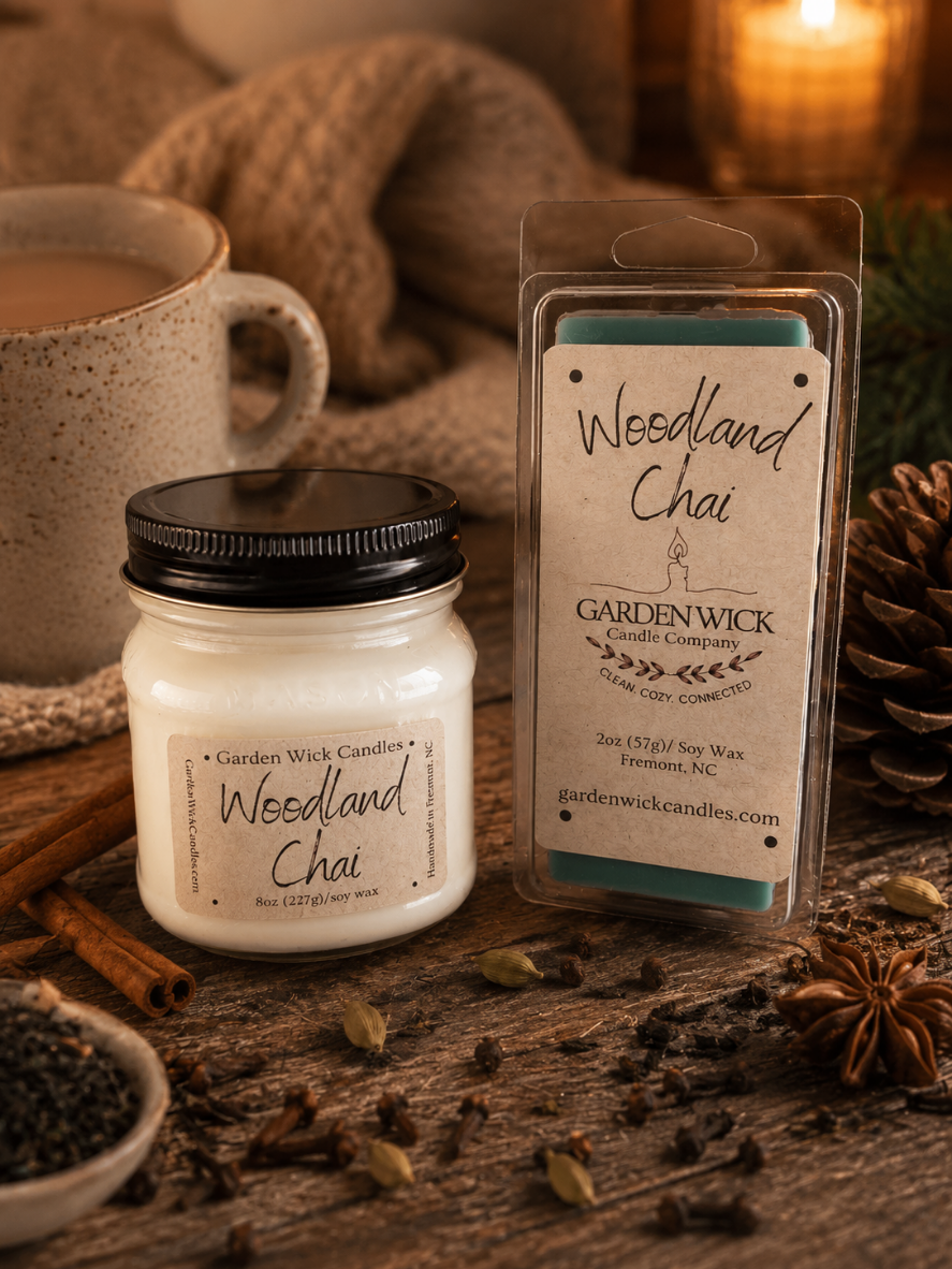 Hand-poured Woodland Chai soy candle by Garden Wick with a detailed pine cone wax embed, blending warm chai spices, evergreen fir, sweet honey, and citrus for a cozy woodland-inspired fragrance perfect for fall and winter décor.