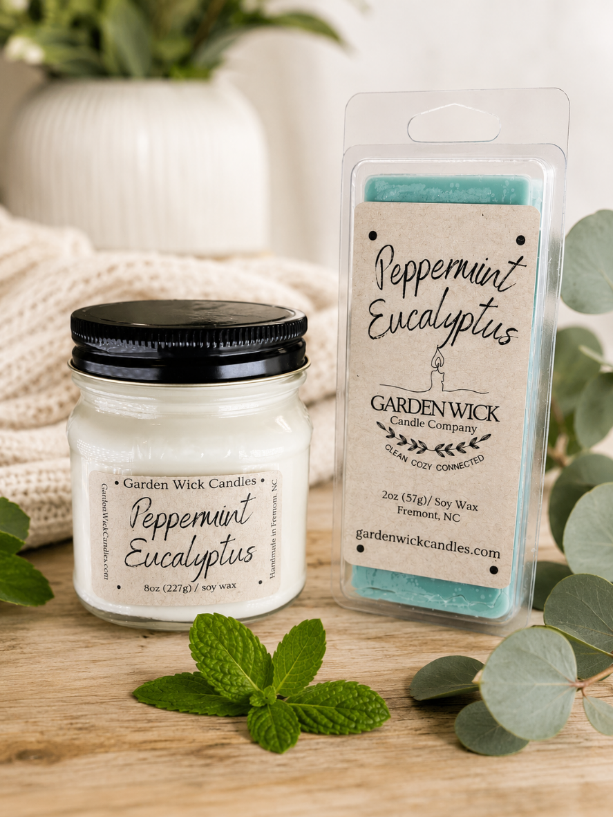 Spa inspired peppermint Eucalyptus mason jar candle and soy wax melt with refreshing minty and herbal fragrance from Garden Wick.