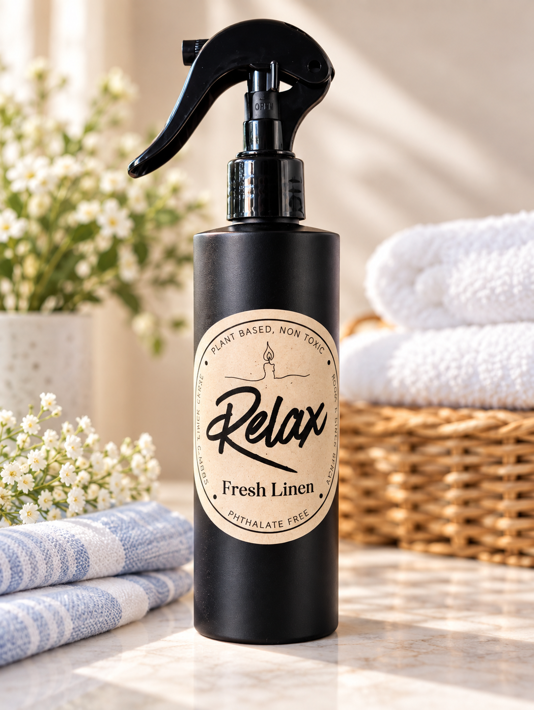 Relax Fresh Linen 8oz room and linen spray with clean cotton blossom, linen, powder, and sandalwood fragrance from Garden Wick