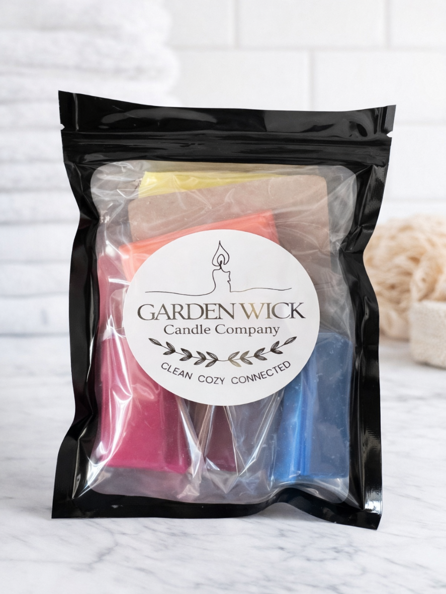 A wax melt sample pack from Garden Wick try before you buy. clean soy wax non toxic ingredients