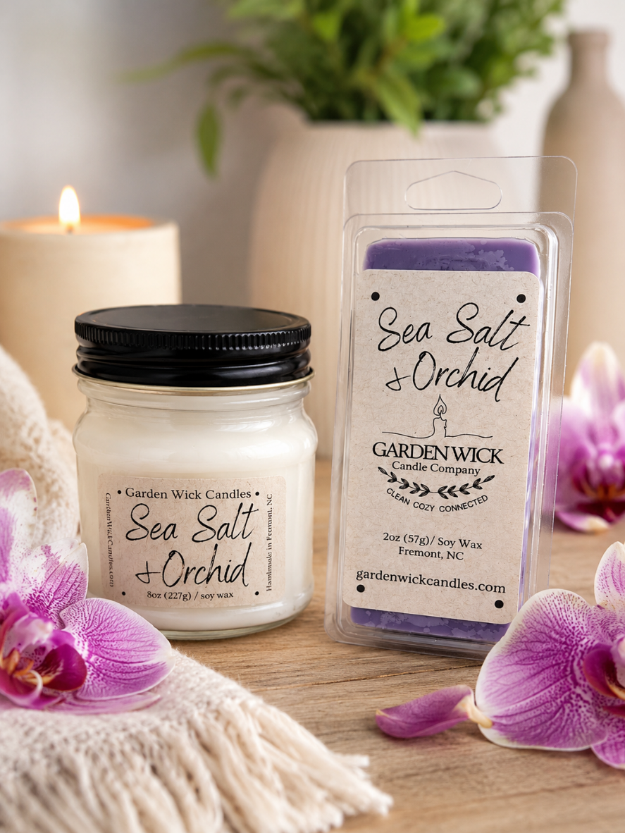 Sea Salt & Orchid mason jar candle and wax melt with floral and salty marine scent from Garden Wick. Soy wax, clean fragrance, Prop 65.