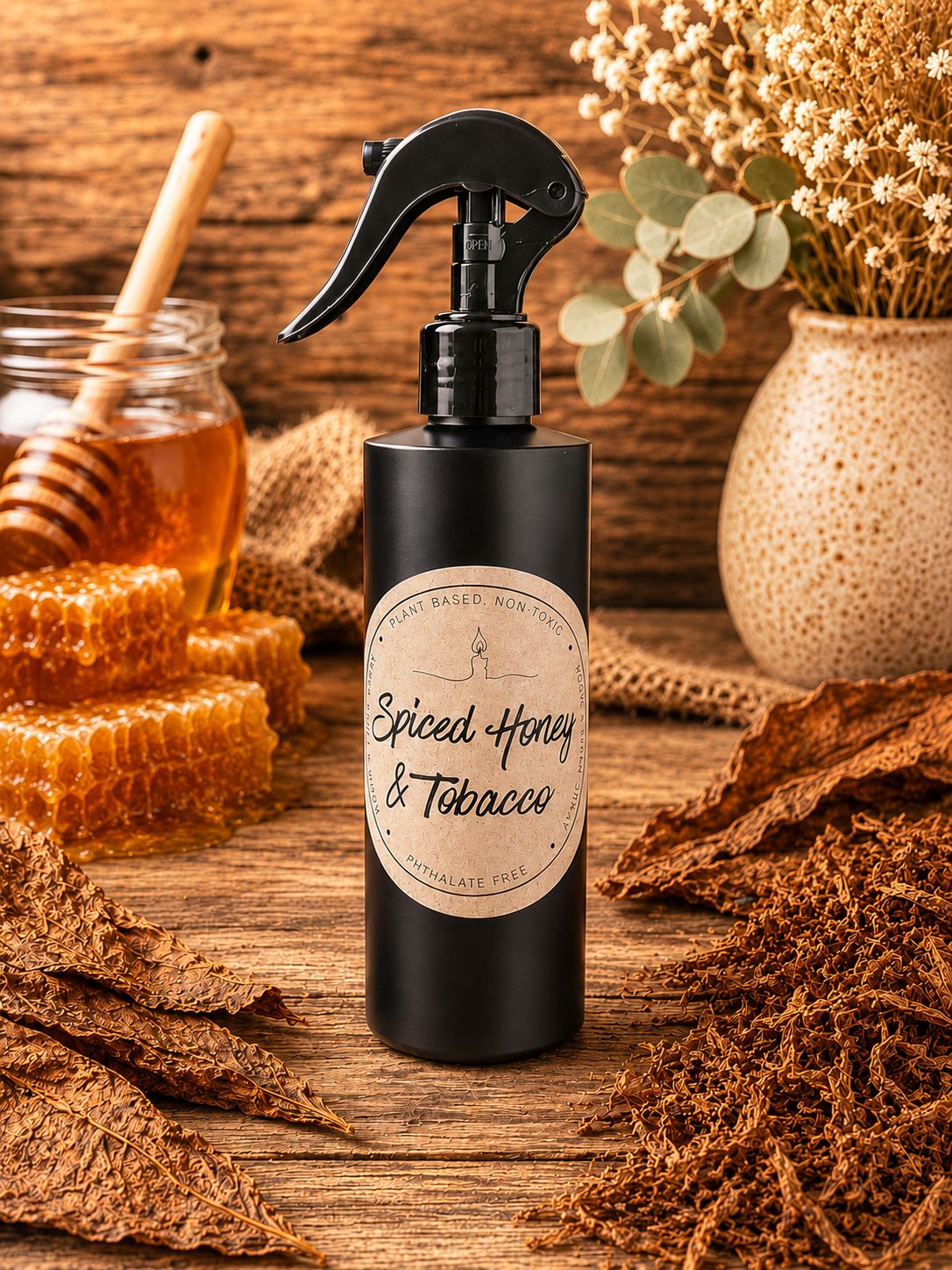 Garden Wick Spiced Honey & Tobacco 8 oz room and linen spray with fine mist sprayer. Plant-based, biodegradable, non-toxic, and phthalate-free fragrance spray with warm notes of honey, spices, tobacco leaves, amber, oud, tonka bean, and musk for refreshing linens, bathrooms, cars, and living spaces.