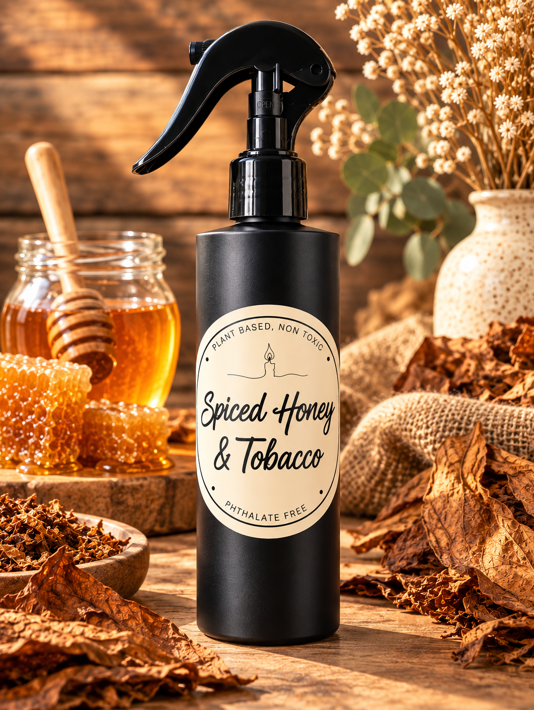 Garden Wick Spiced Honey & Tobacco 8 oz room and linen spray with fine mist sprayer. Plant-based, biodegradable, non-toxic, and phthalate-free fragrance spray with warm notes of honey, spices, tobacco leaves, amber, oud, tonka bean, and musk for refreshing linens, bathrooms, cars, and living spaces.