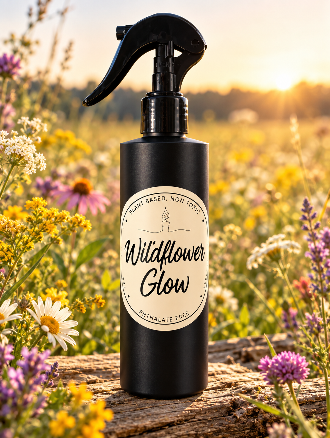wildflower glow room linen spray by garden wick clean non-toxic lemongrass, bergamot, orange blossom, rose, and honey, and settles into a soft base of amber, musk, and cedar.
