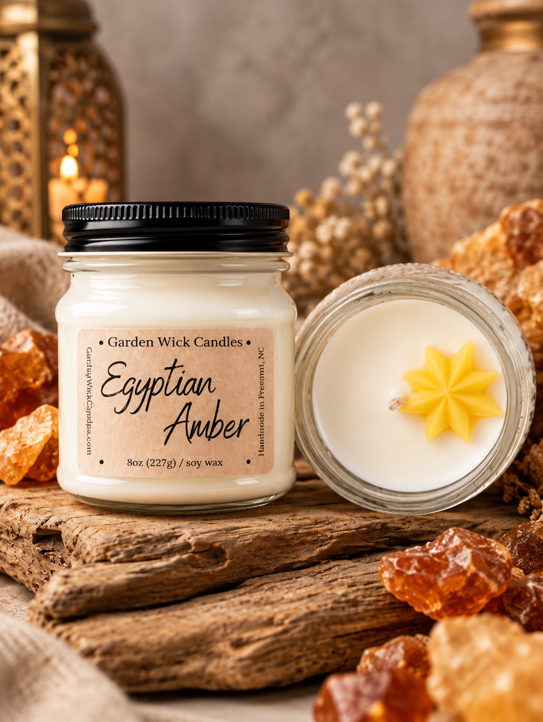 Egyptian Amber mason jar candle with woody and musky fragrance featuring notes of jasmine, sandalwood, tonka bean, and amber from Garden Wick