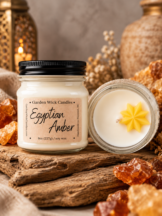 Egyptian Amber mason jar candle with woody and musky fragrance featuring notes of jasmine, sandalwood, tonka bean, and amber from Garden Wick