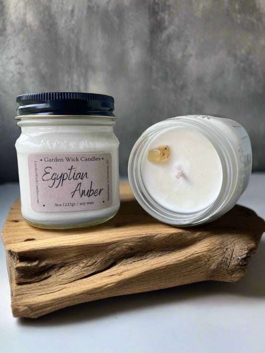 Egyptian Amber mason jar candle with woody and musky fragrance featuring notes of jasmine, sandalwood, tonka bean, and amber from Garden Wick