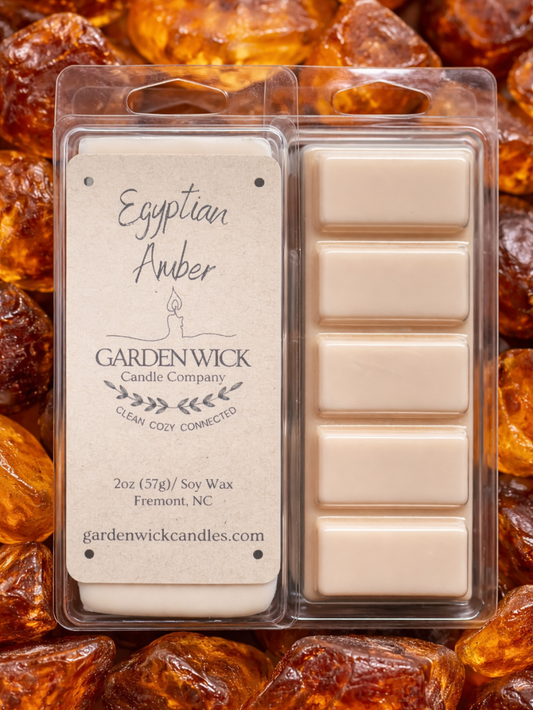 Egyptian Amber wax melts with woody and musky fragrance featuring notes of jasmine, sandalwood, tonka bean, and amber from Garden Wick