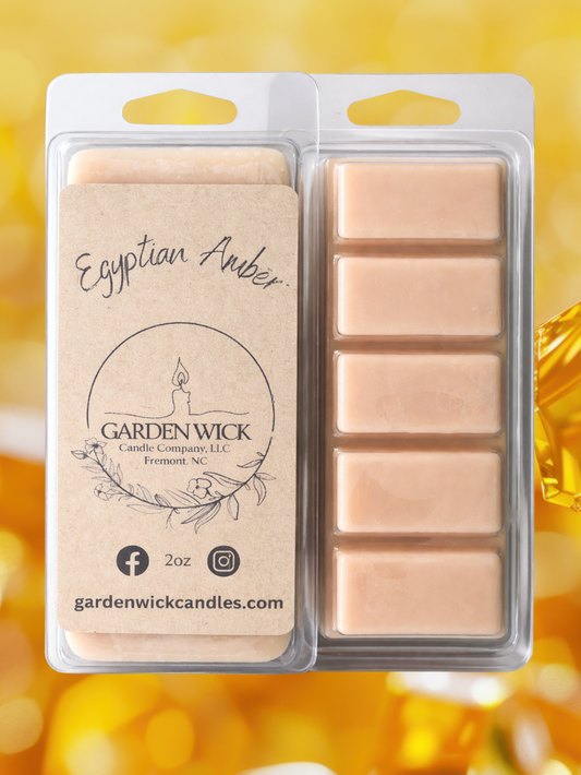 Egyptian Amber wax melts with woody and musky fragrance featuring notes of jasmine, sandalwood, tonka bean, and amber from Garden Wick