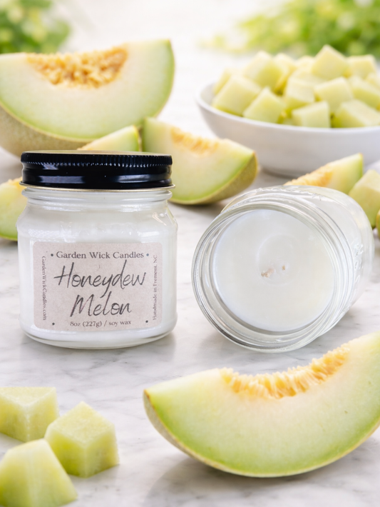honeydew melon candle by garden wick with notes of bergamot, cucumber, melon, sugar, vanilla in a mason jar