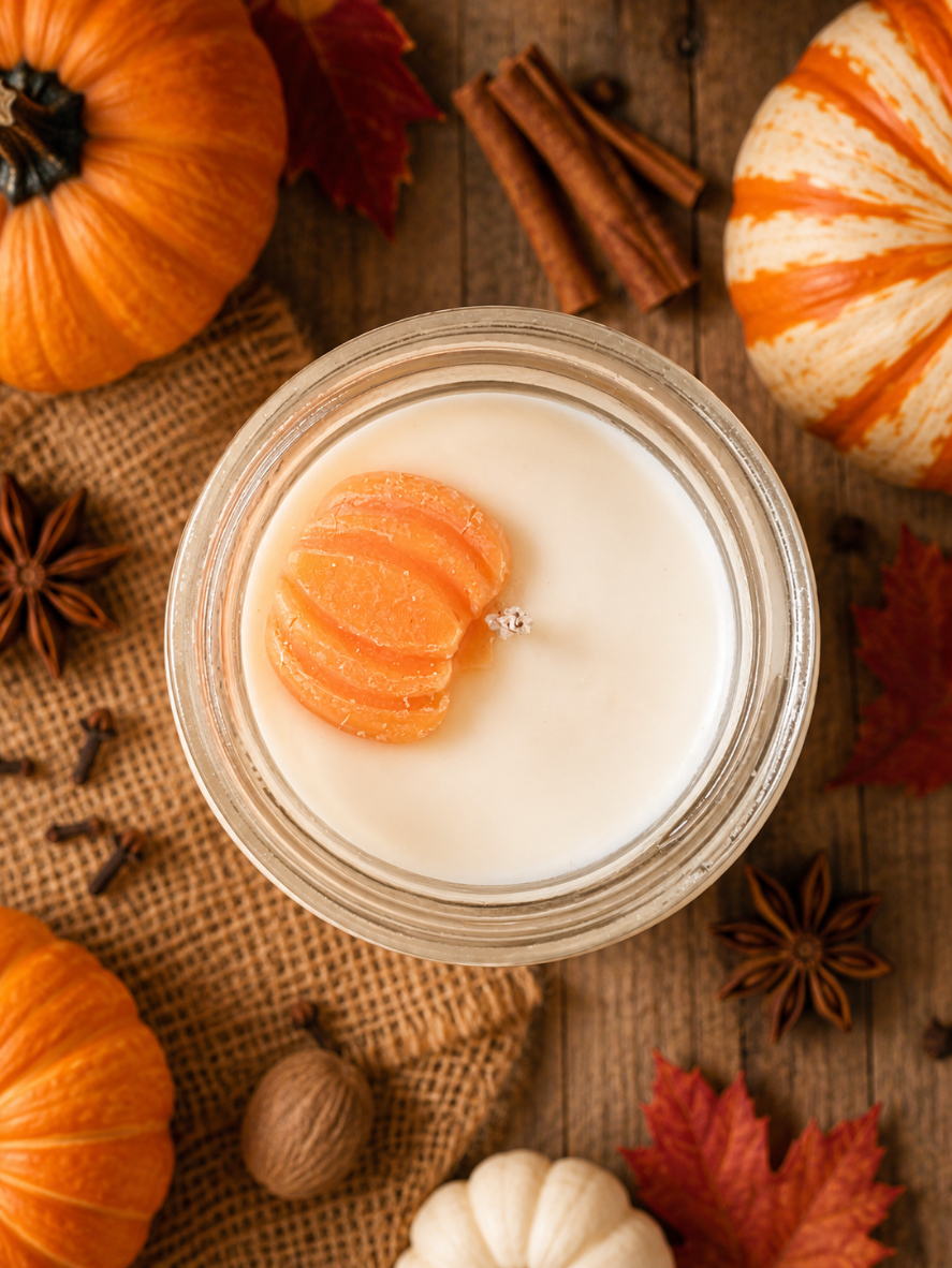 Rustic fall-inspired Toasted Pumpkin soy candle with pumpkin wax embed, blending creamy pumpkin, warm baking spices, vanilla, and smoky notes for a comforting autumn fragrance.