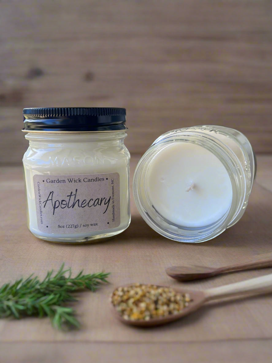 Apothecary mason jar candle with warm herbal and earthy fragrance from Garden Wick