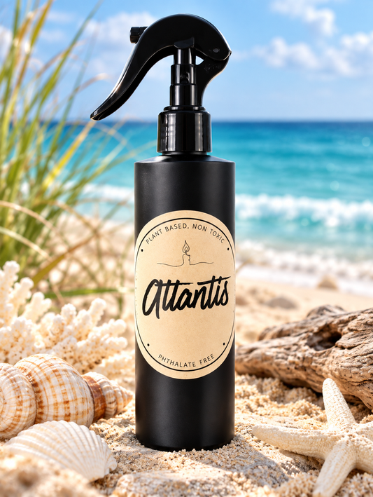 Atlantis 8 oz plant-based, non-toxic room spray by Garden Wick Candles with a fresh beachy masculine scent of sea salt, ozone, eucalyptus, sandalwood and dark musk.