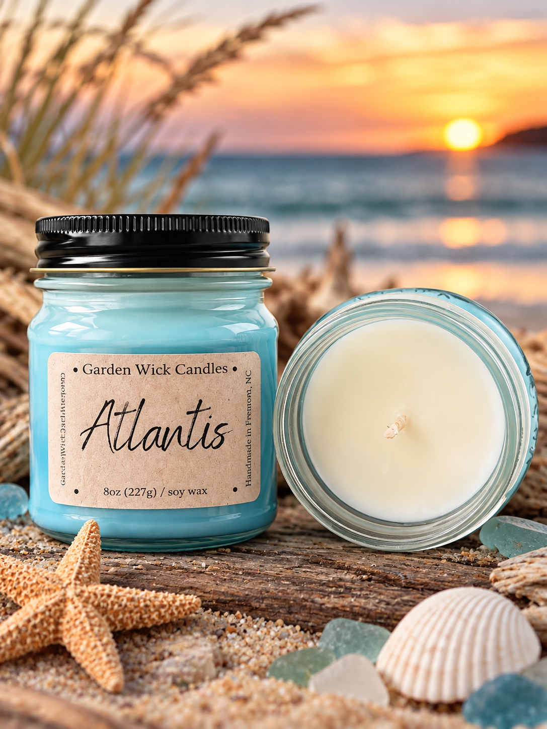 Atlantis mason jar candle with salty oceanic fragrance featuring petitgrain, ozone, sea salt, plum, eucalyptus, powder, sandalwood, and dark musk from Garden Wick