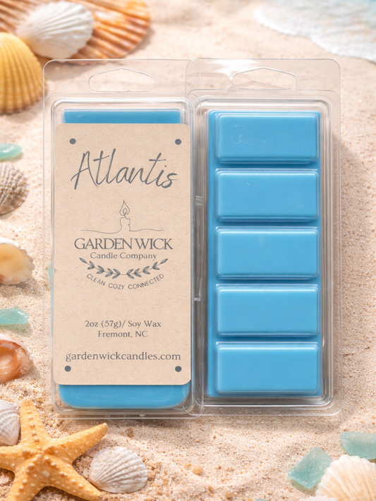 Atlantis hand-poured wax melt with fresh oceanic scent including petitgrain, ozone, sea salt, plum, eucalyptus, powder, sandalwood, and dark musk from Garden Wick
