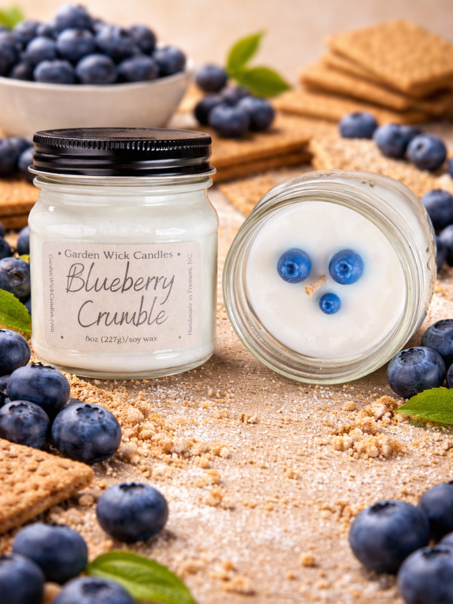 blueberry crumble soy candle with sweet, creamy, juicy blueberry scent