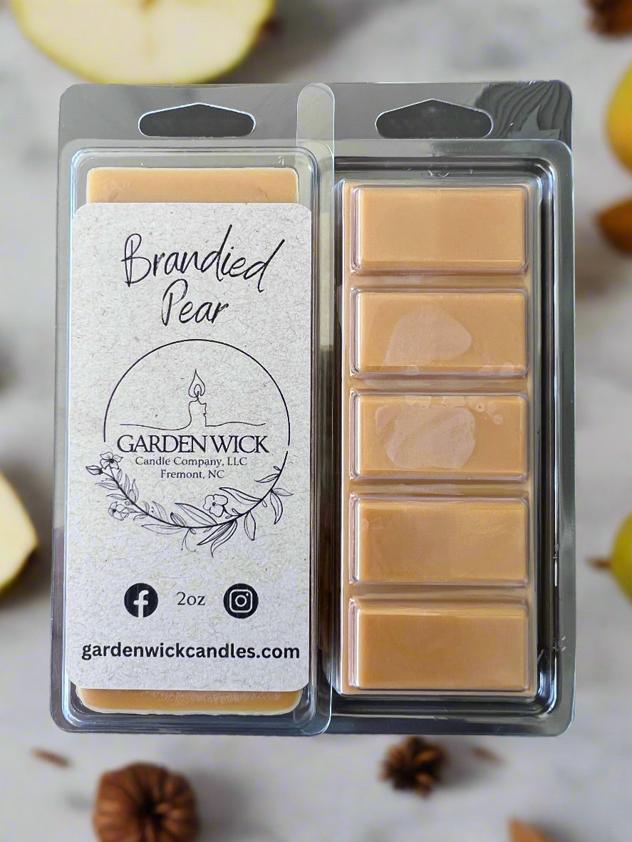 Brandied Pear hand-poured wax melt with spiced pear, apple cider, clove, sugar, and brandy fragrance from Garden Wick