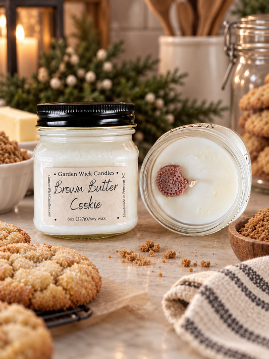 Brown Butter Cookie soy candle by Garden Wick Candle Company, a warm gourmand fragrance inspired by buttery shortbread cookies.