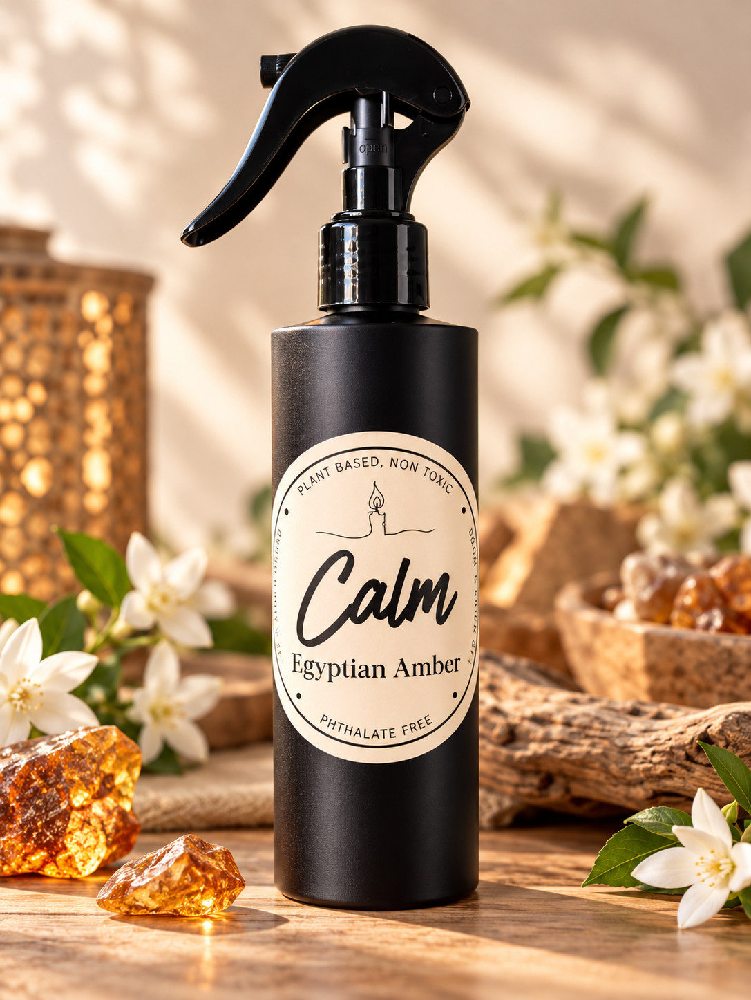Calm Egyptian Amber 8oz room and linen spray with warm amber, leather, tonka bean, sandalwood, and musk fragrance from Garden Wick