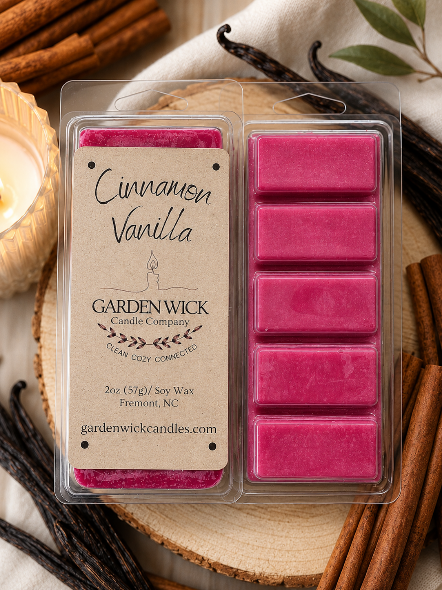 Cinnamon Vanilla soy wax melt bar by Garden Wick Candle Company. Hand-poured 2 oz soy wax melt with warm notes of clove, cinnamon, cream, and vanilla, perfect for fall and holiday home fragrance.