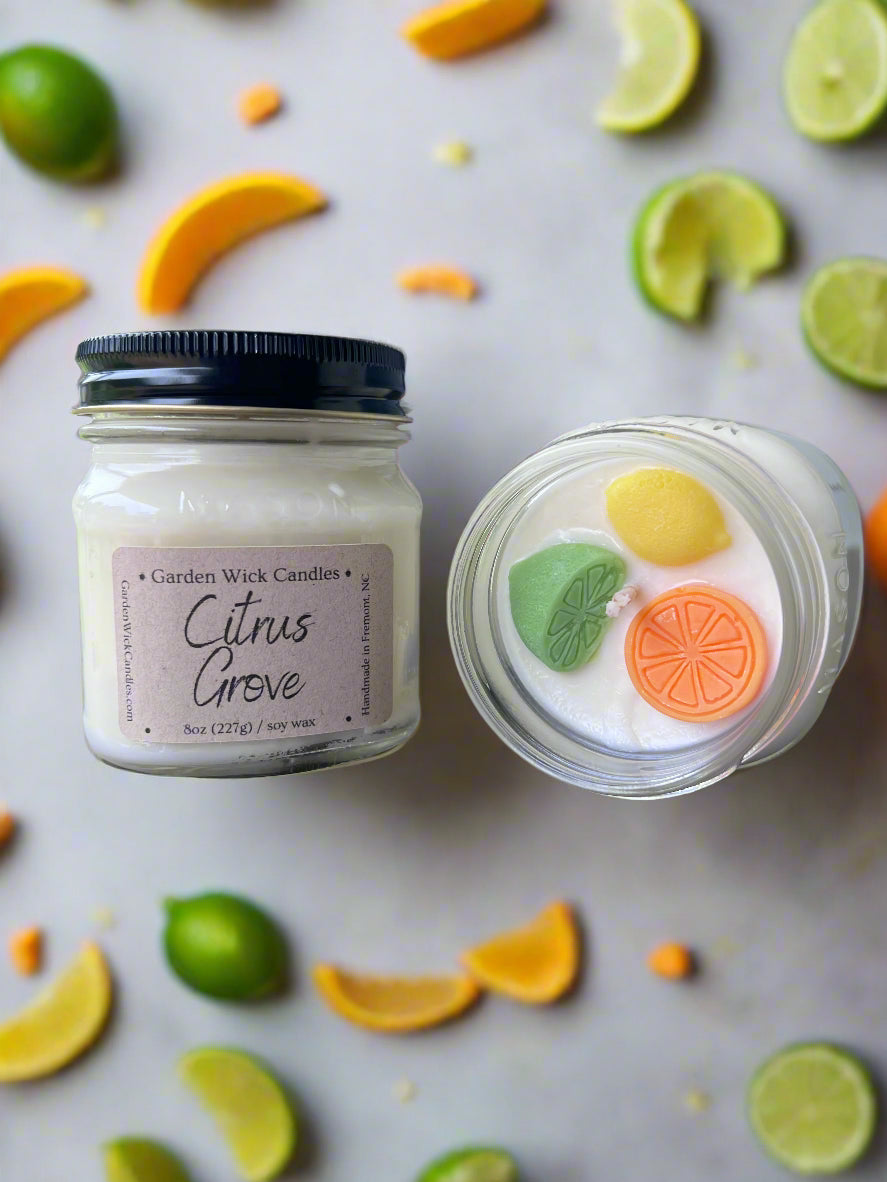 Citrus Grove mason jar candle with refreshing citrus fragrance from Garden Wick clean soy candles