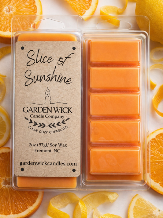 slice of sunshine soy wax melt bar by garden wick candle with grapefruit, orange, mandarin, lemon, pomegranate, bright and uplifting citrus wax melt.