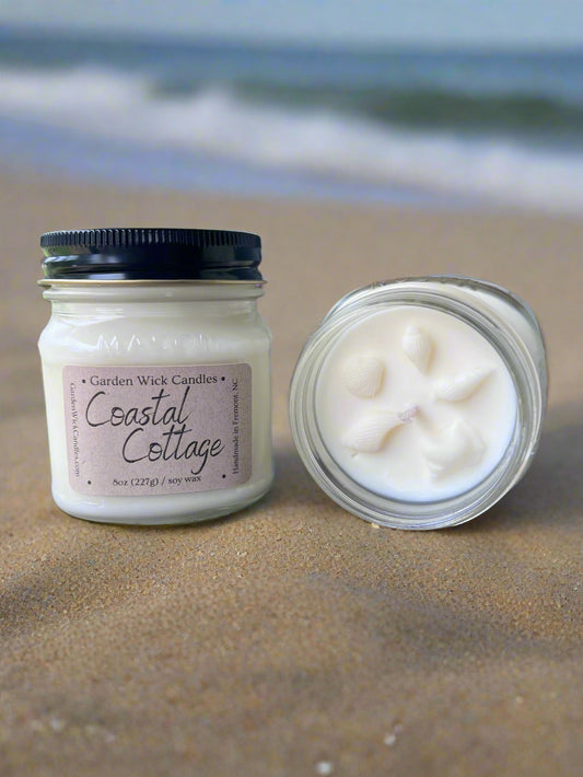 coastal Cottage mason jar candle with fresh seaside and airy floral scent from Garden Wick