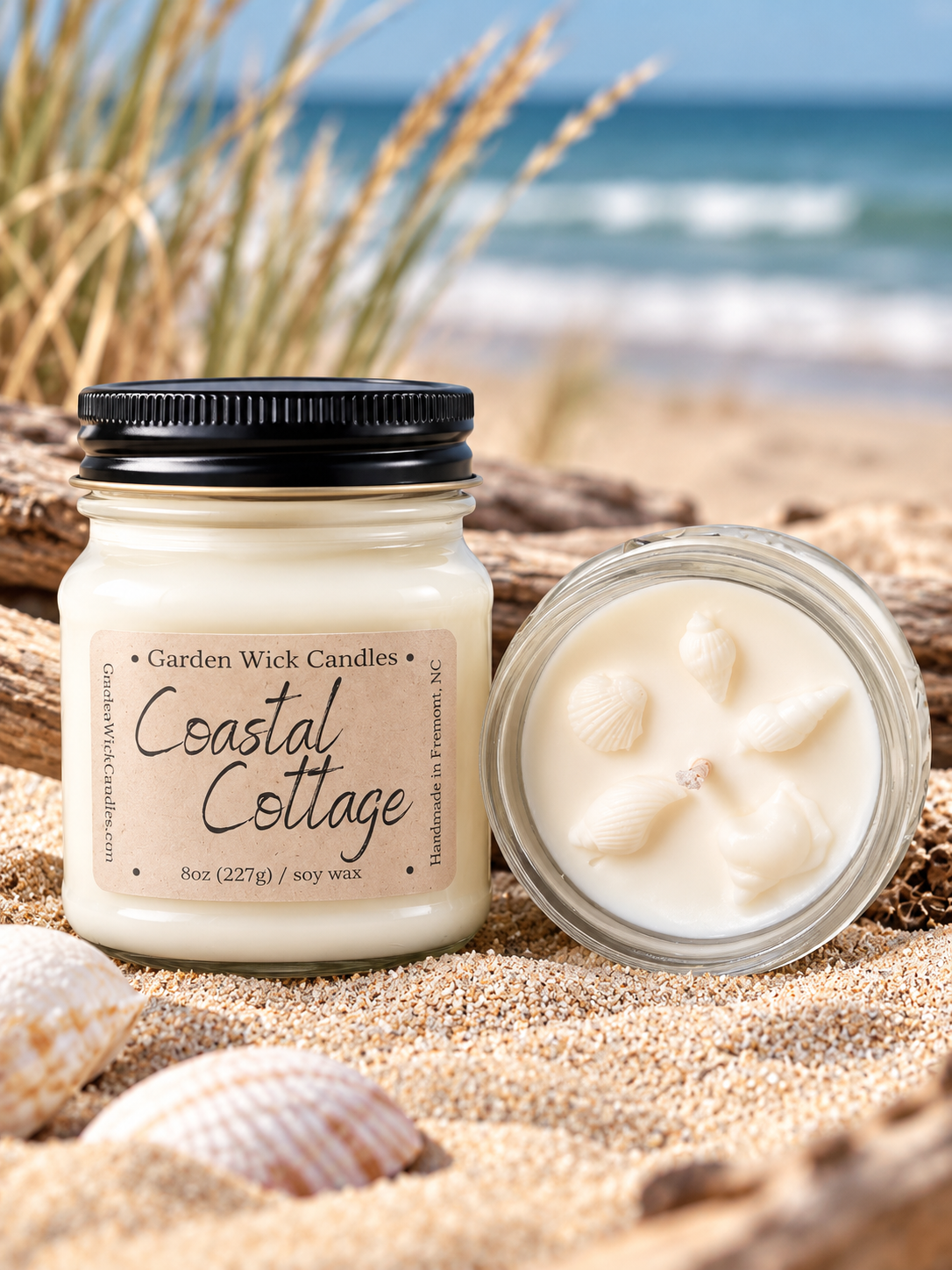 Coastal Cottage mason jar candle with fresh seaside and airy floral scent from Garden Wick