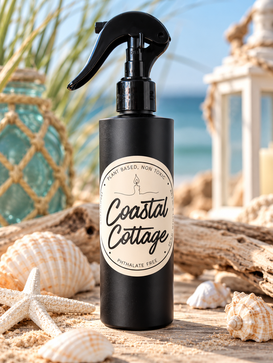 Coastal Cottage 8oz room and linen spray with fresh sea salt, bergamot, peony, mint, and marine notes from Garden Wick