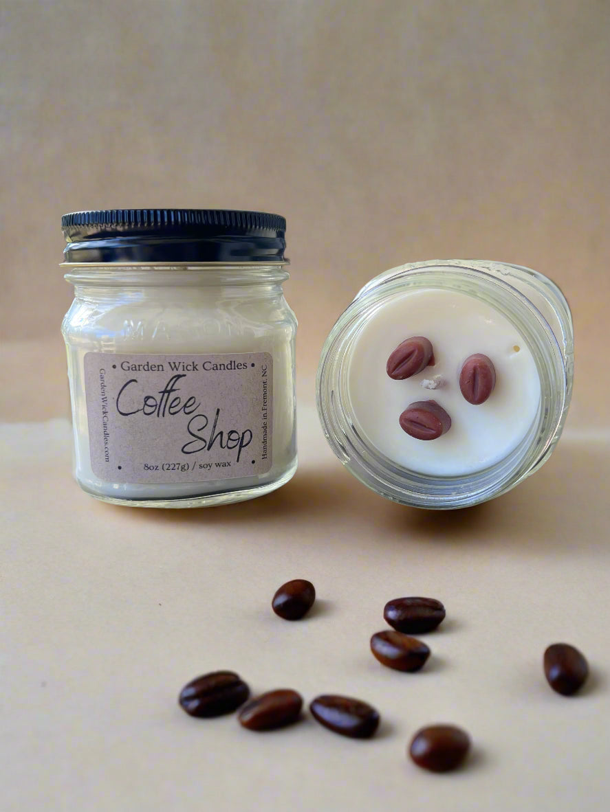 Coffee Shop mason jar candle with rich, warm coffee aroma from Garden Wick