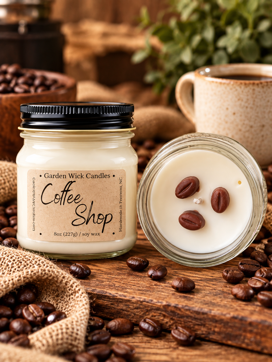 Coffee Shop mason jar candle with rich, warm coffee aroma from Garden Wick.