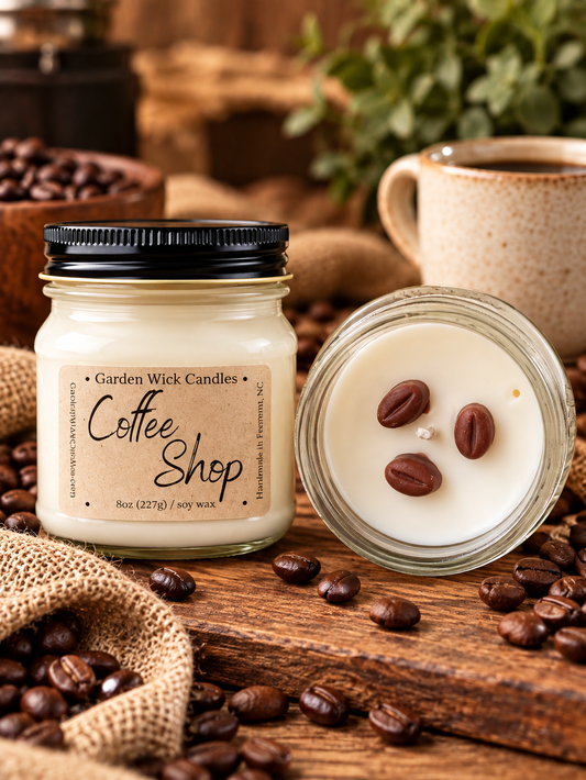 Coffee Shop mason jar candle with rich, warm coffee aroma from Garden Wick.