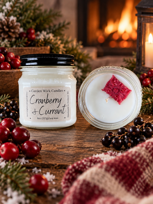 Cranberry and Currant soy candle by Garden Wick Candle Company, a festive fruity fragrance for the holiday season.
