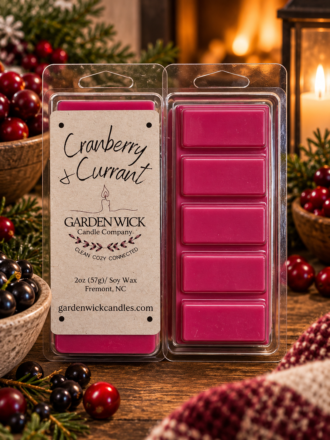 Cranberry and Currant soy wax melt bar by Garden Wick Candle Company, a festive fruity home fragrance for the holiday season.