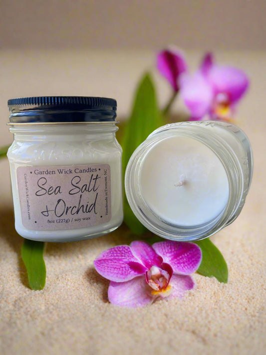 Sea Salt & Orchid mason jar candle with floral and salty marine scent from Garden Wick