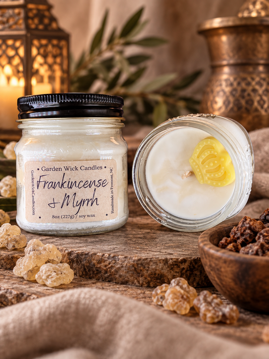 Frankincense and Myrrh soy candle by Garden Wick Candle Company, a warm and timeless fragrance for the Christmas season.
