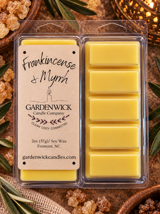 Frankincense and Myrrh soy wax melt bar by Garden Wick Candle Company, a warm and timeless holiday fragrance.
