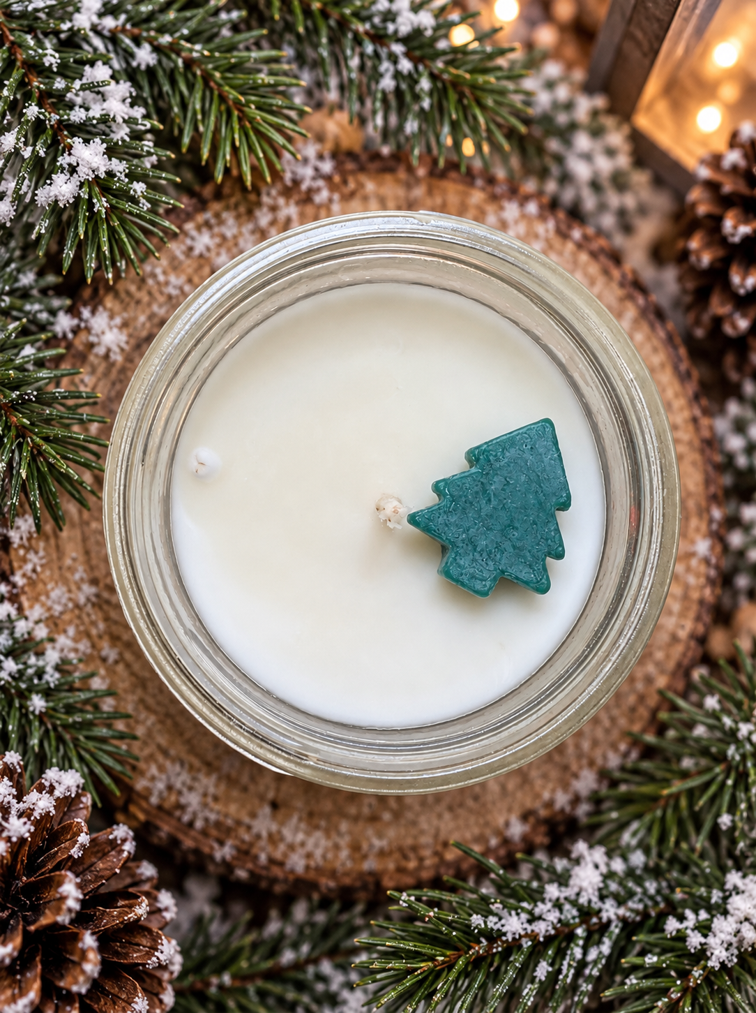 Top view of Garden Wick Fraser Fir soy candle featuring a decorative Christmas tree wax embed.