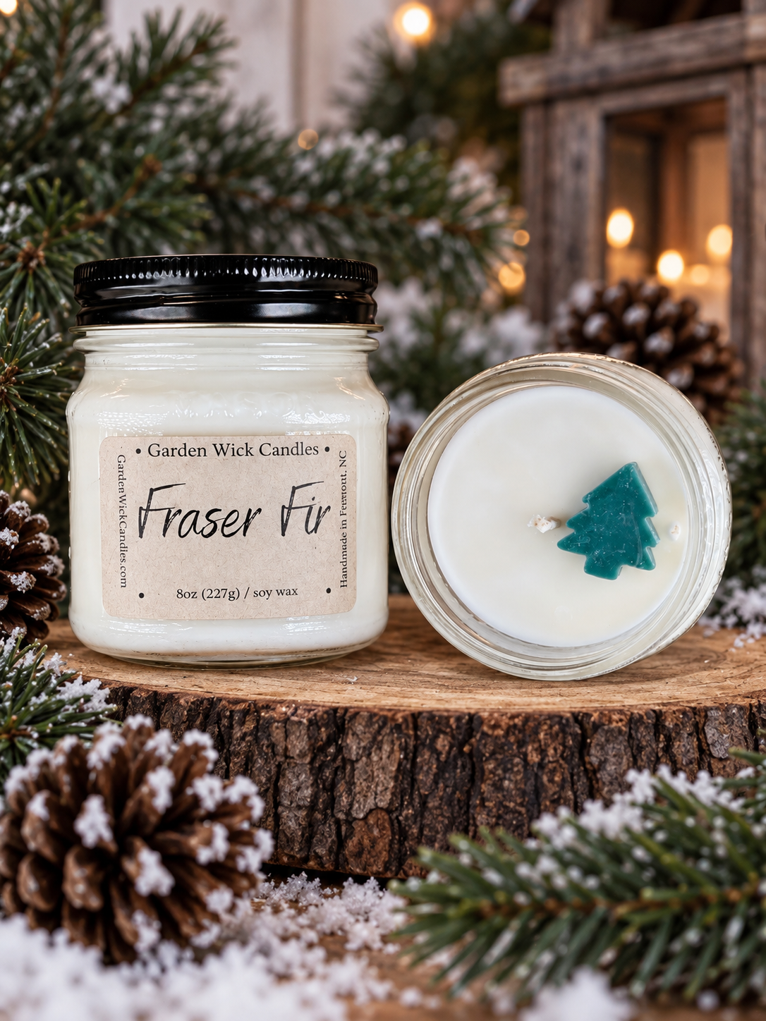 Fraser Fir soy candle by Garden Wick Candle Company, a fresh evergreen Christmas tree fragrance for the holiday season.
