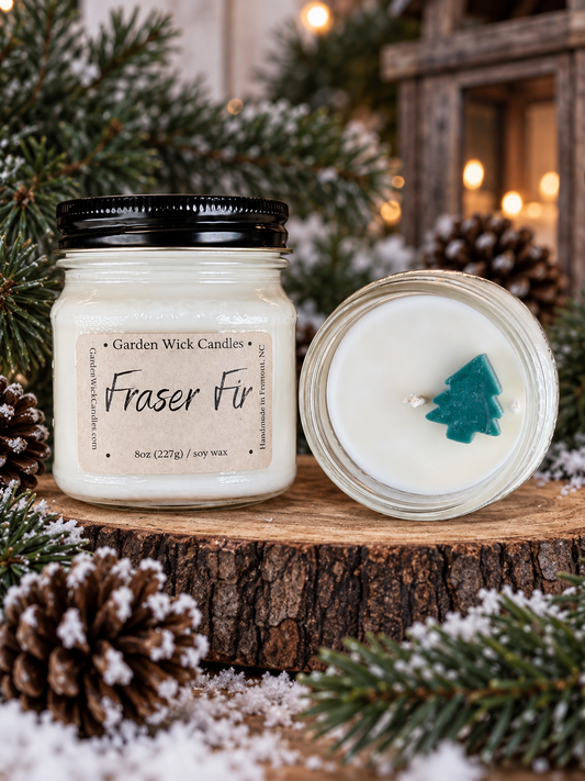 Fraser Fir soy candle by Garden Wick Candle Company, a fresh evergreen Christmas tree fragrance for the holiday season.
