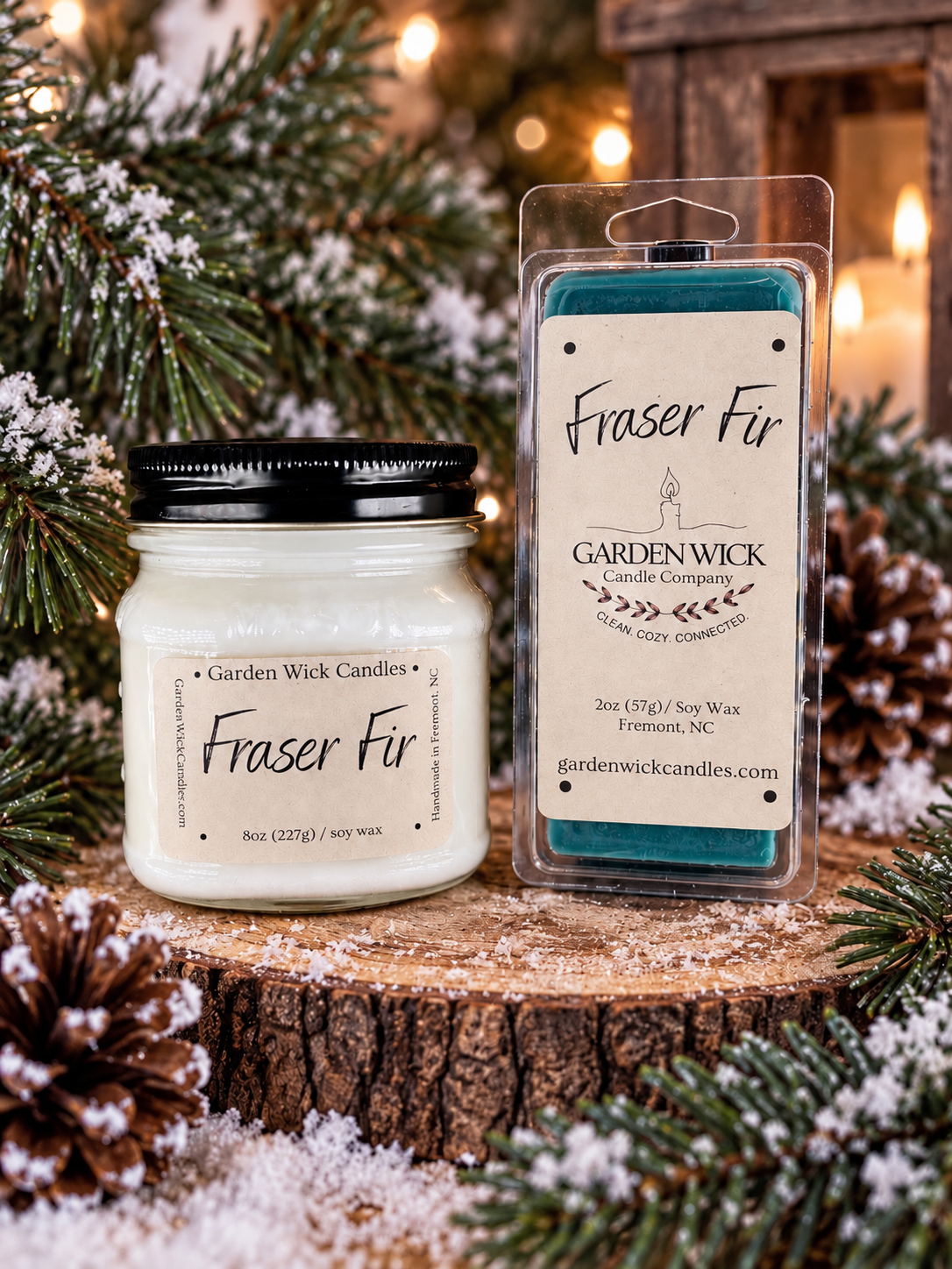 Fraser Fir soy candle and wax melt bar by Garden Wick Candle Company with a fresh evergreen Christmas tree fragrance.