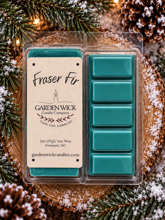 Fraser Fir soy wax melt bar by Garden Wick Candle Company with a fresh evergreen Christmas tree fragrance. Holiday and winter fragrances.