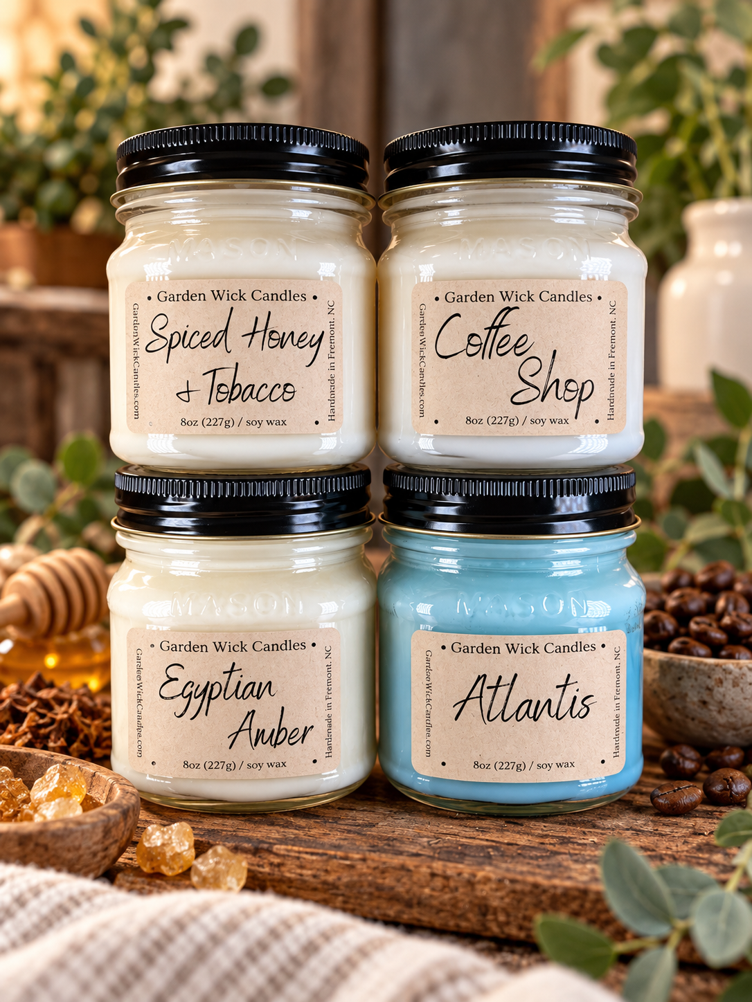 Garden Wick Best Sellers Bundle with four 8 oz soy candles in Spiced Honey and Tobacco, Coffee Shop, Egyptian Amber, and Atlantis.
