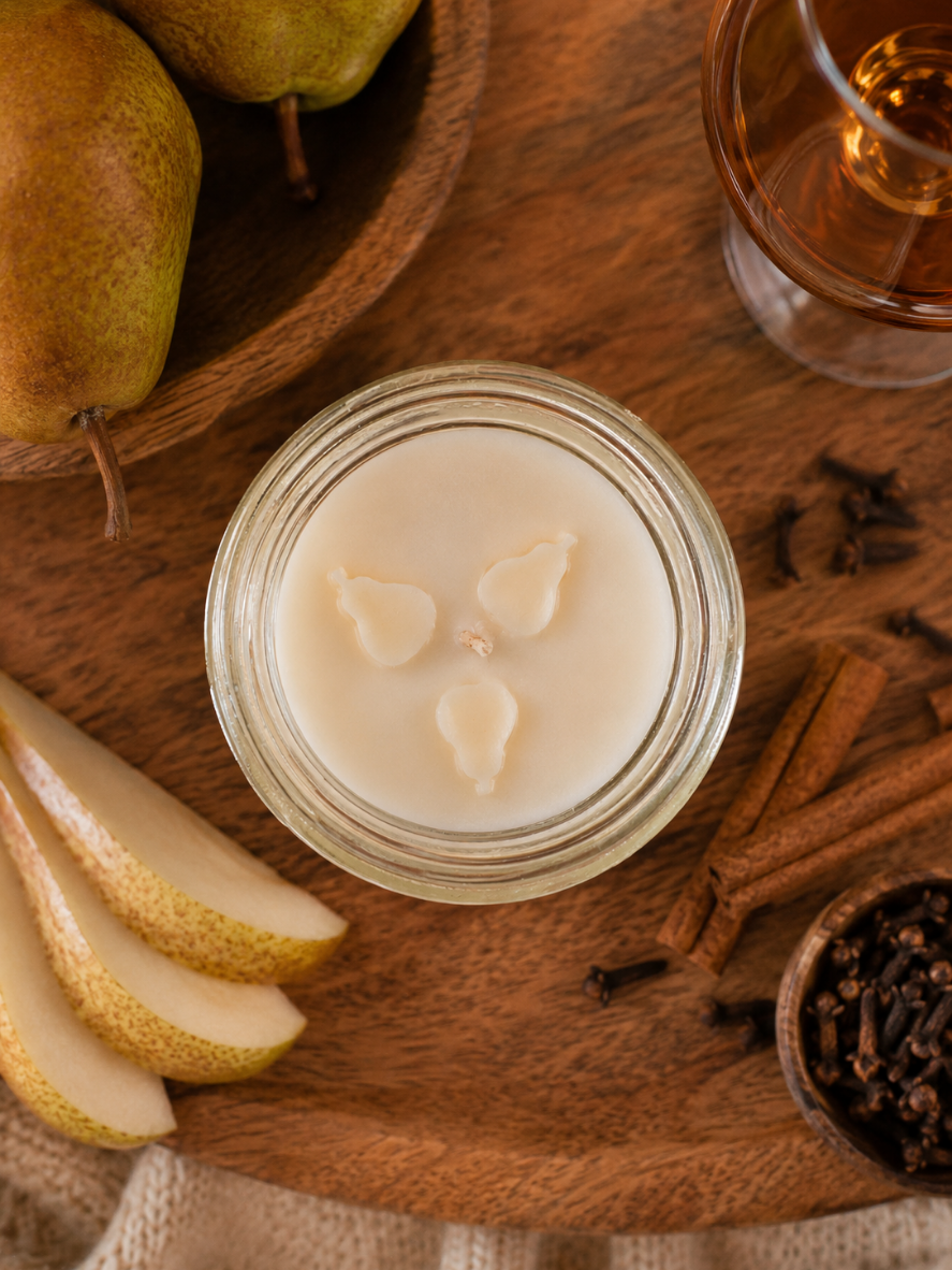 Brandy Pear soy candle from Garden Wick, a cozy fall fragrance blending ripe pear, apple cider, cinnamon, clove, sugar, and smooth brandy.