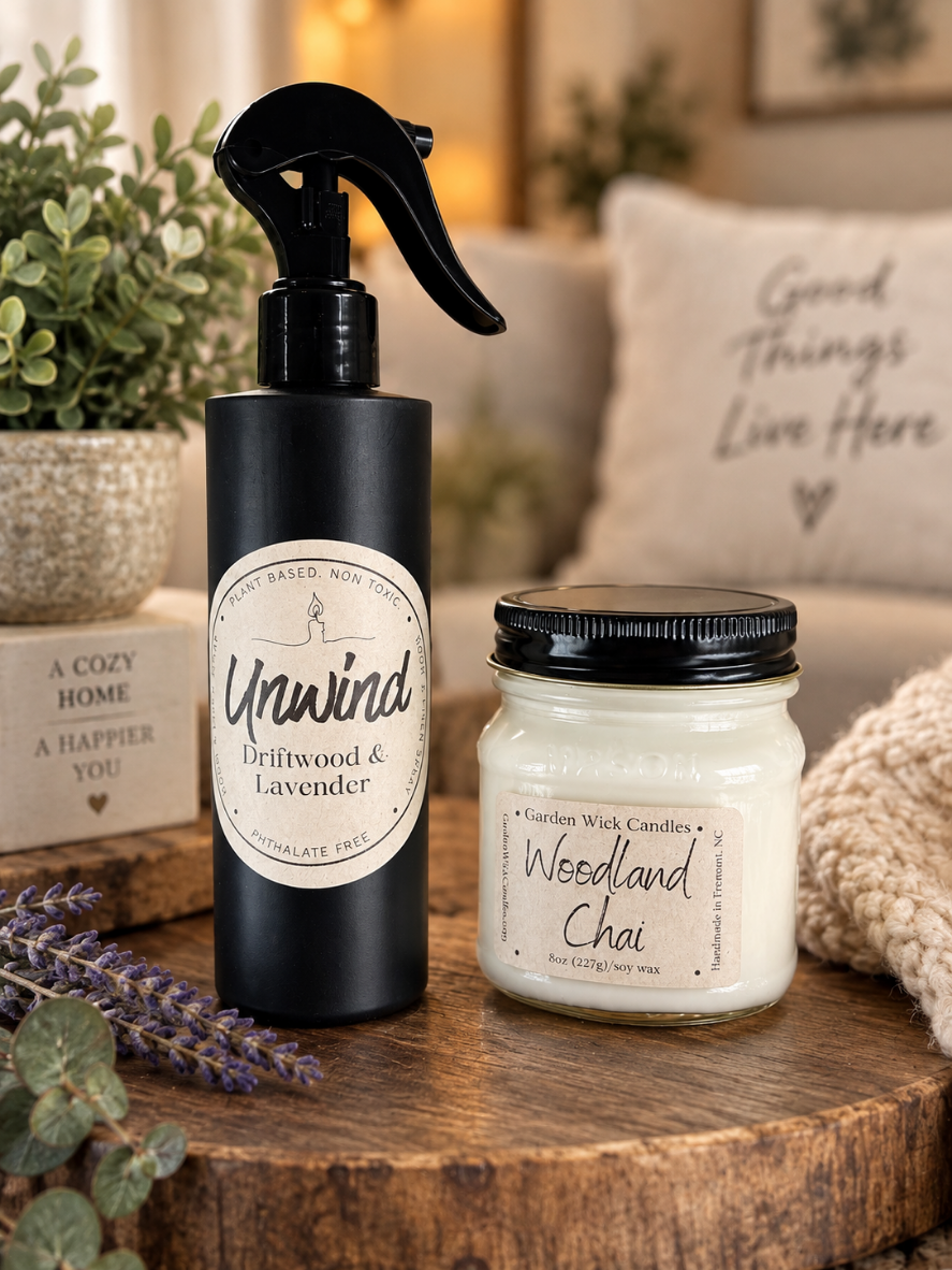 Garden Wick Candle Company candle and room spray featured as free shopping rewards.
